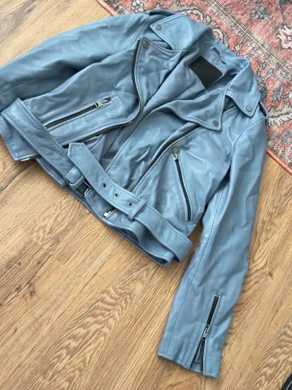 AllSaints Light Blue Leather Biker Jacket
